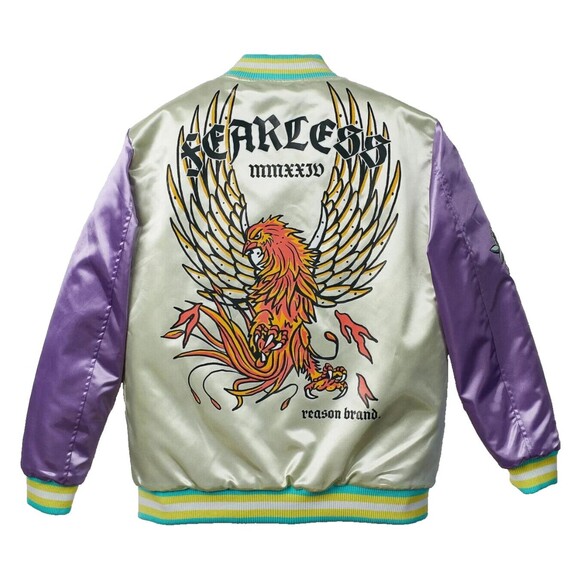 Reason Varsity Jacket Men’s Large Ivory Purple Fearless Tattoo Art Bomber - Picture 2 of 9